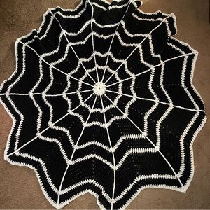 Handmade Black & White Spiderweb Crochet Throw Blanket - Appx 60” Across